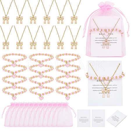 12Pcs Alloy Enamel Bowknot Pendant Necklaces & CCB Plastic Beads with Heart Charms Bracelets SJEW-ME00004-1