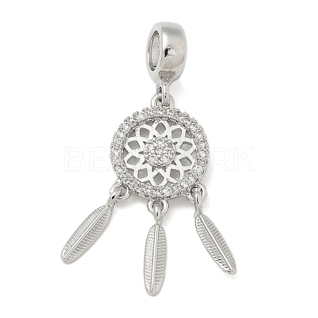 Brass Clear Cubic Zirconia Woven Web/Net with Feather European Dangle Charms KK-U050-01P-1