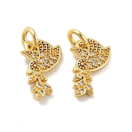 Pigeon with Leaf Brass Micro Pave Clear Cubic Zirconia Charms KK-G425-13G-1