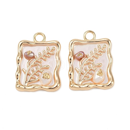 Brass Enamel & Natural Pearl Rectangle with Flower Pendants KK-K351-51G-02-1