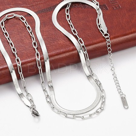 Non-Tarnish 304 Stainless Steel Paperclip & Herringbone Chains Double Layer Necklace for Men Women NJEW-E046-01P-1