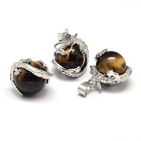 Dragon Platinum Plated Brass Natural Tiger Eye Pendants G-F228-04A-RS-1