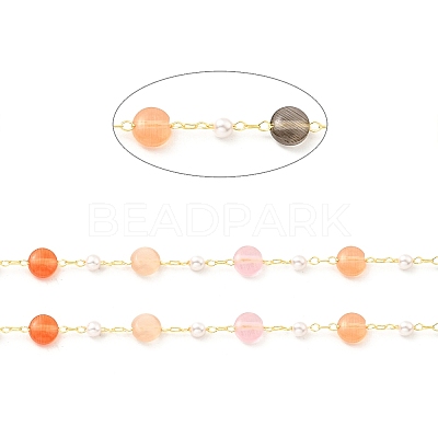 Colorful Cat Eye Flat Round & Plastic Pearl Beaded Chains CHC-G017-13G-1-1