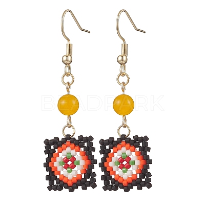 Handmade Glass Seed Beaded Window Lattice Pattern Dangle Earrings EJEW-MZ00560-01-1