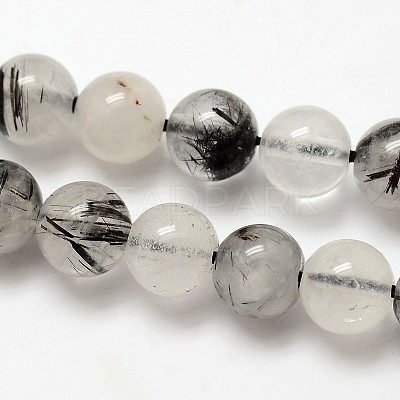 Natural Gemstone Black Rutilated Quartz Round Beads Strands G-E251-30-6mm-1
