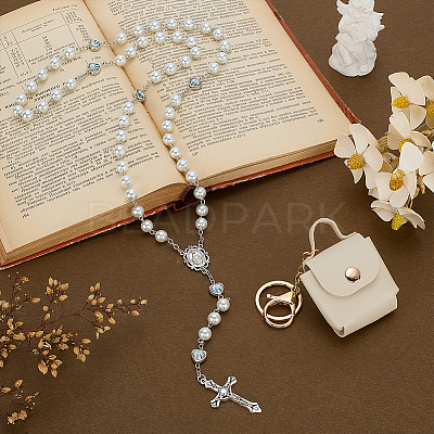 1Pc Jesus Cross Virgin Zinc Alloy Pendant White Glass Pearl Round Rosary Bead Necklaces for Women Men NJEW-FG0001-22-1