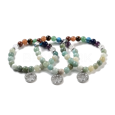 Natural Flower Amazonite Round Beaded Chakra Stretch Bracelets BJEW-K251-01A-1