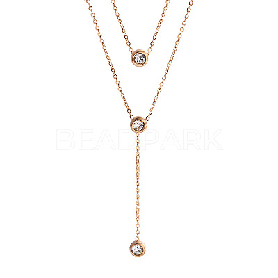 Flat Round 304 Stainless Steel Micro Pave Clear Cubic Zirconia Pendant Double Layer Y Necklaces for Women FS-WG7B3FB-01-1