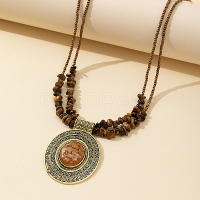 Oval Alloy Pendant Natural Tiger Eye Chip Beaded Double Layer Necklaces for Women FS-WGEC68A-02-1