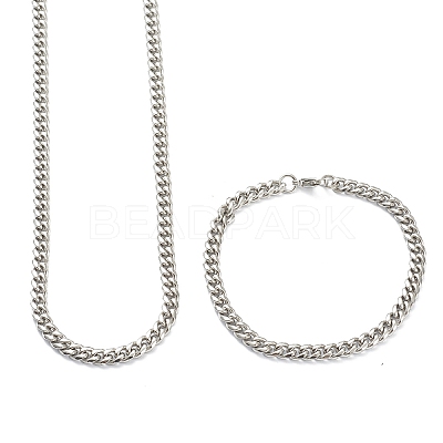 304 Stainless Steel Cuban Link Chain Bracelets & Necklaces Jewelry Sets SJEW-B019-03A-P-1
