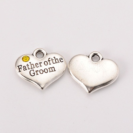 Wedding Theme Antique Silver Tone Tibetan Style Heart with Father of the Groom Rhinestone Charms LS-TIBEP-N005-13B-1