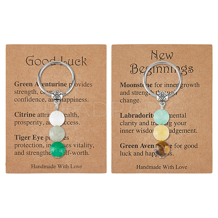 2Pcs 2 Styles Alloy with Gemstone Beads and Iron Keychains KEYC-FH0001-63-1