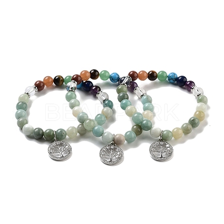 Natural Flower Amazonite Round Beaded Chakra Stretch Bracelets BJEW-K251-01A-1