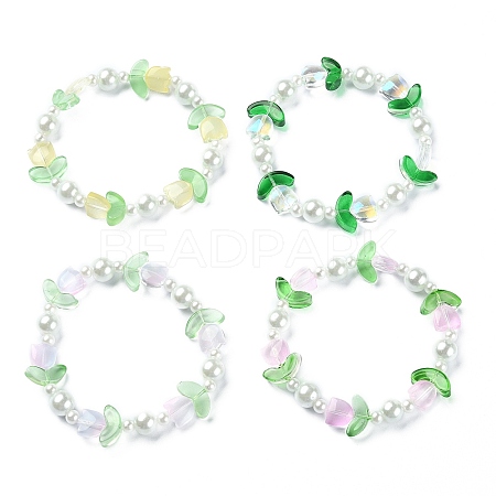 Imitation Pearl & Tulip Flower Glass Beaded Stretch Bracelet BJEW-JB09422-1