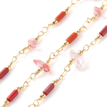 Handmade Brass & Synthetic Cherry Quartz Glass & Glass Tube Beaded Chain for Necklaces Bracelets Making CHC-F019-03G-1