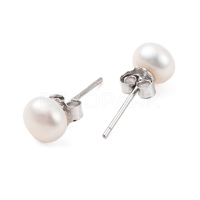 Natural Pearl Round Bead Stud Earrings EJEW-E298-01C-01P-1
