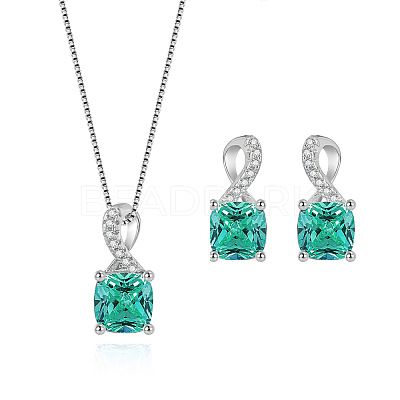 Square Rhodium Plated 925 Sterling Silver Pave Cubic Zirconia Pendant Necklaces & Stud Earrings Sets for Women WG8F2D6-02-1