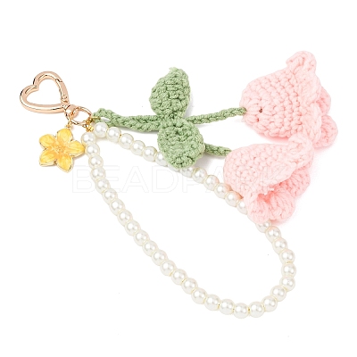 Handmade Cotton Yarn Crochet Lily of the Valley & Glass Pearl Round Bead Pendant Decorations HJEW-JM04389-03-1