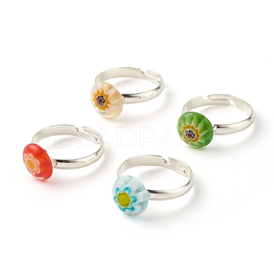 Flower Flat Round Millefiori Glass Adjustable Ring RJEW-JR00407-1