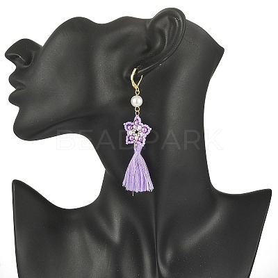 Glass Pearl Beaded Star with Tassel Dangle Leverback Earrings EJEW-MZ00054-1