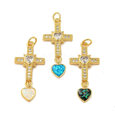 Cross with Heart Brass Pendants Micro Pave Cubic Zirconia with Synthetic Opal KK-K356-05G-1