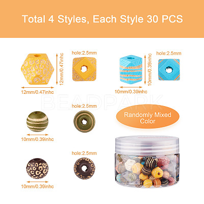 120Pcs 4 Style Painted Natural Wood Beads WOOD-FW0001-07-1