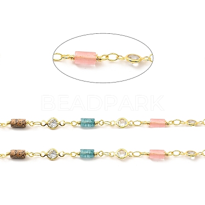 Natural Mixed Gemstone Column & Clear Cubic Zirconia Flat Round Link Chain CHC-G017-01G-1