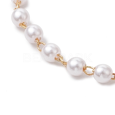 Handmade Brass & Round ABS Plastic Imitation Pearl Link Chain Bracelet Making AJEW-JB01326-1