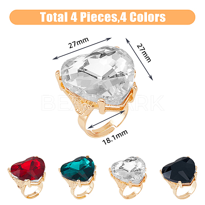 4Pcs 4 Colors Glass Heart Adjustable Rings Set RJEW-FI0001-11-1