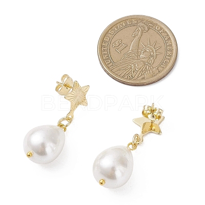 Brass Naturl Shell Pearl Star with Teardrop Dangle Stud Earrings EJEW-JE06742-1
