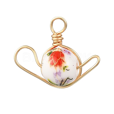 Handmade Flower Printed Porcelain Ceramic Pendants PALLOY-JF04480-1