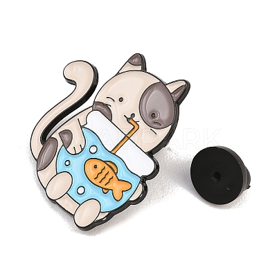 Funny Cat Drinking Fishbowl Enamel Pins JEWB-E044-02EB-03-1
