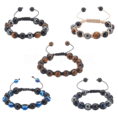 5Pcs 5 Styles Natural & Synthetic Mixed Gemstone Round & Evil Eye Braided Bead Bracelets Set BJEW-AN0001-54-1