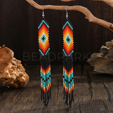 Geometric Glass Bead Tassel Dangle Earrings HM7356-1