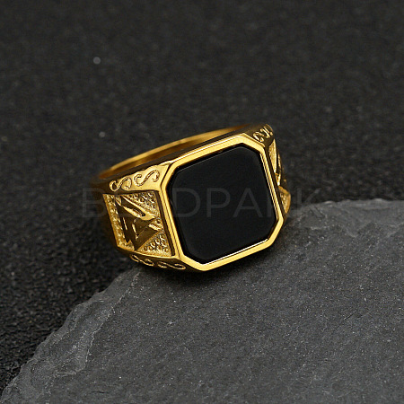 304 Stainless Steel with Natural Black Agate Finger Rings FS-WG06E27-08-1