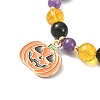 Natural Mixed Gemstone Round Beaded Stretch Bracelet with Alloy Enamel Pumpkin Charms for Halloween BJEW-TA00271-4