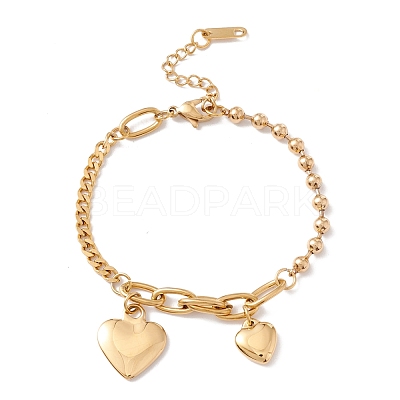 PVD Vacuum Plating Double Heart Charms Bracelet with 304 Stainless Steel Chains for Women STAS-P304-09G-1