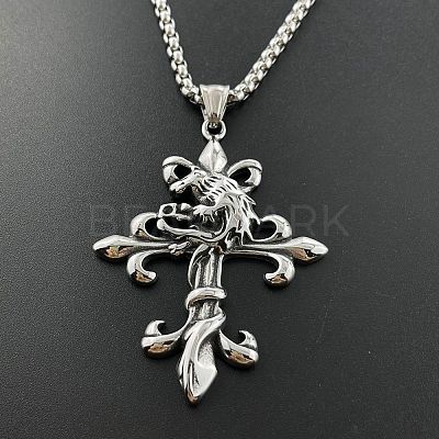 Retro Punk Hip-hop 304 Stainless Steel Wolf Cross Pendant Necklaces for Men FA7959-1