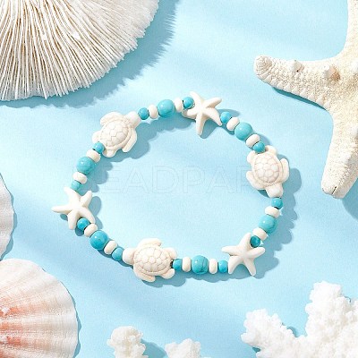 2Pcs Starfish & Turtle Synthetic Turquoise Beads Stretch Bracelets for Women BJEW-JB11921-1