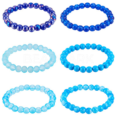6Pcs 6 Styles 8mm Glass Round Beaded Stretch Bracelet Sets BJEW-TAC0021-1