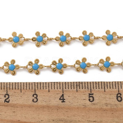 Bohemian 304 Stainless Steel Enamel Deep Sky Blue Flower Link Chain Necklaces for Women NJEW-Z061-01G-1