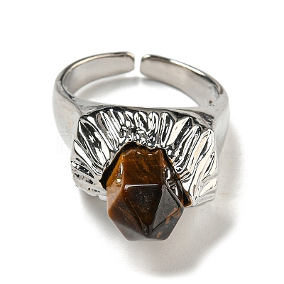 Hexagonal Prism Natural Tiger Eye Open Cuff Rings RJEW-B106-01P-06-1
