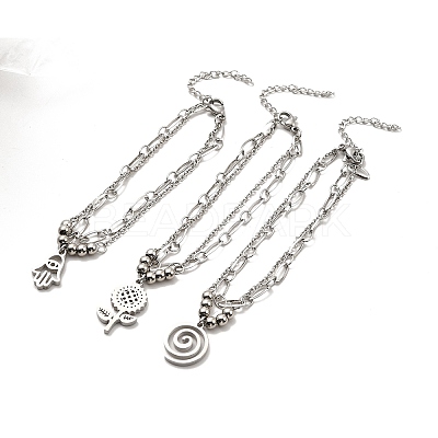 Tarnish Resistant 304 Stainless Steel Paperclip & Cable Chains Double Layer Multi-strand Bracelet with Charm for Women BJEW-C025-07P-1