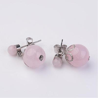 Dangling Natural Rose Quartz Ear Studs EJEW-JE02186-02-1