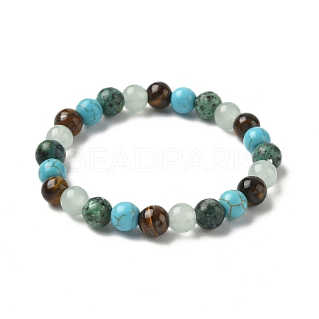 Round Natural Tiger Eye & Green Spot Jasper & Synthetic Turquoise & Glass Beads Stretch Bracelets for Girl Women FS-WGE0C43-02-1