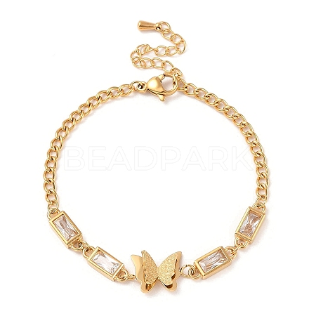 Cubic Zirconia Rectangle & Butterfly Link Bracelet BJEW-D025-04G-02-1