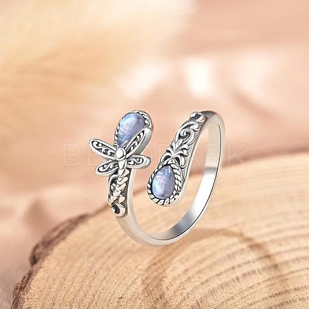 Teardrop & Dragonfly Bohemian Style Zinc Alloy with Natural Moonstone Cuff Rings for Women FS-WGB4FBF-01-1