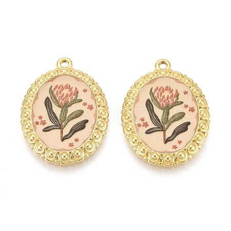 Vintage Printed Style 304 Stainless Steel Oval with Lotus Pendants STAS-T071-29B-G-1