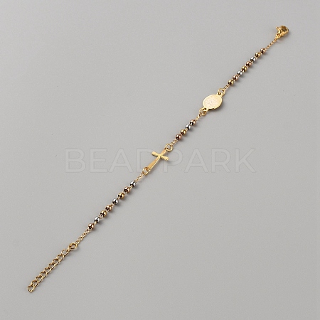 304 Stainless Steel Jesus & Cross Link Bracelet with 201 Stainless Steel Beaded Chains BJEW-WH0012-20A-1