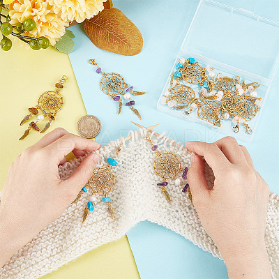 10Pcs Woven Net/Web with Feather Pendant Decorations HJEW-NB0001-73-1